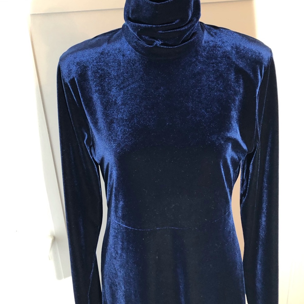 Blue Velvet Stretch Tea Length Holiday Party Wedding Elegant Dress Size 8